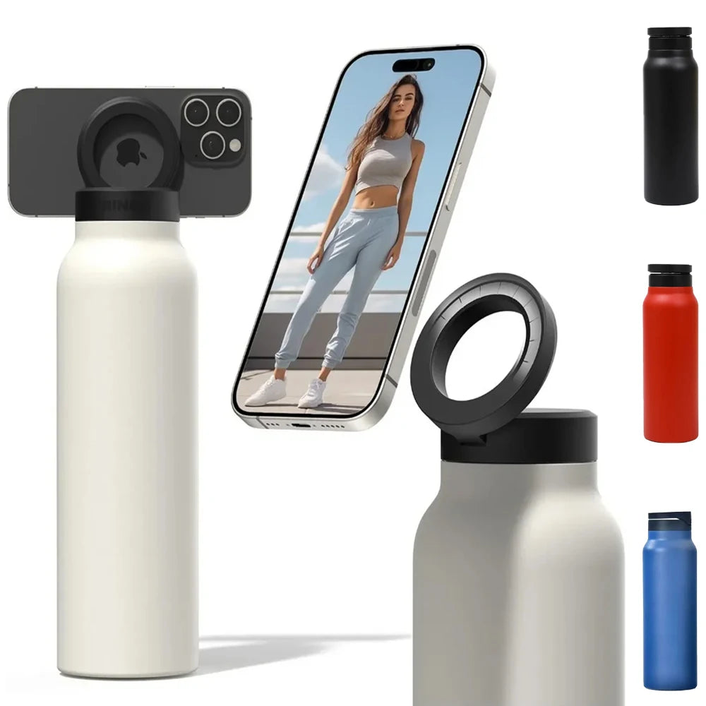 800ML Stainless Steel Drinking Bottle with Magnetic Phone Tripod Keeps Drinks Hot for 12 Hours Cold for 24 Hours 27 Ounces