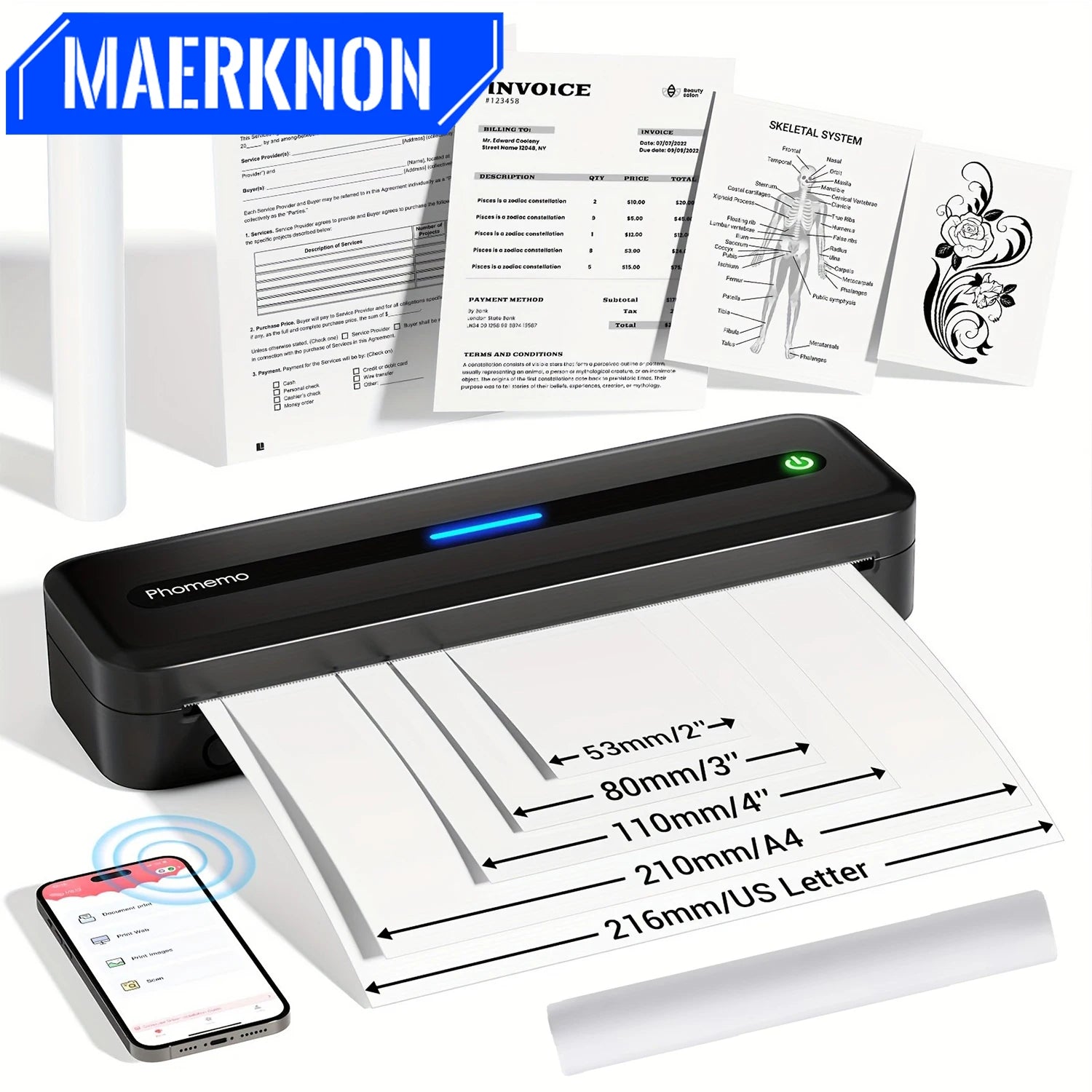 Portable Printers Wireless for Thermal Printer Bluetooth Inkless Printer Compatible with Phone and Laptop for Home Office,School