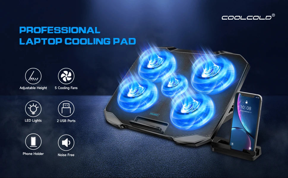 COOLCOOLD Laptop Cooling pad for 12-17 Inch Laptop Cooler Stand, 5 quiet fans, 5 Angle Adjustable with phone holder