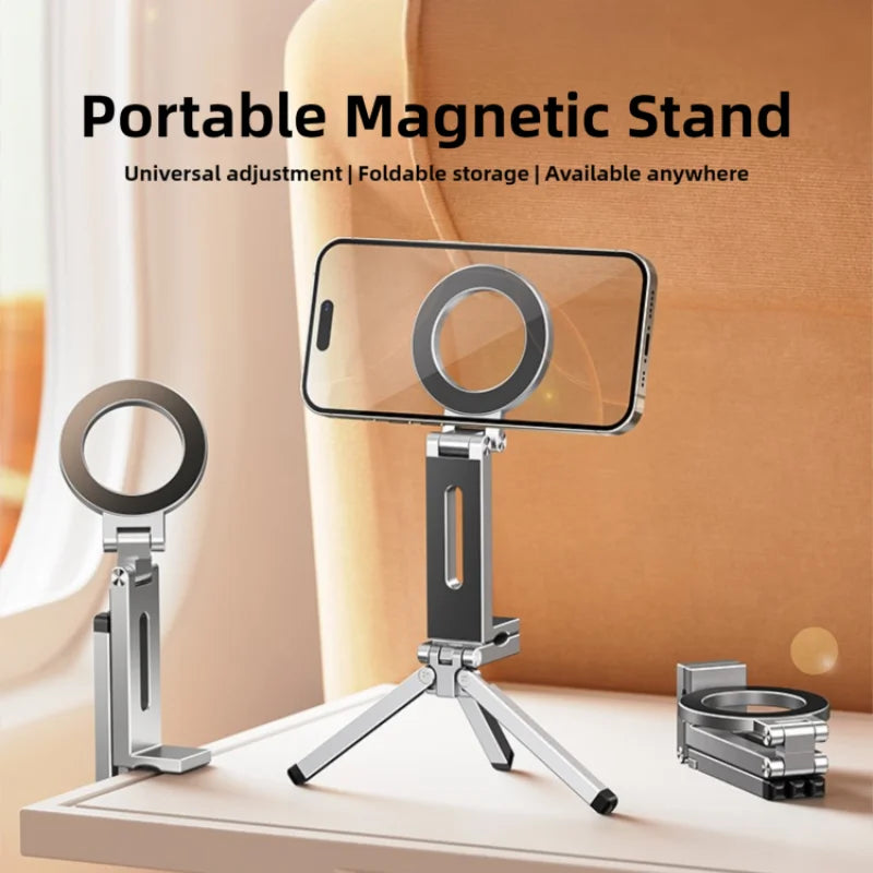 Mini Tripod Foldable Magnetic Phone Holder, Portable Travel Stand Tripod for IPhone & Android, Suitable for Desk/Plane/Train